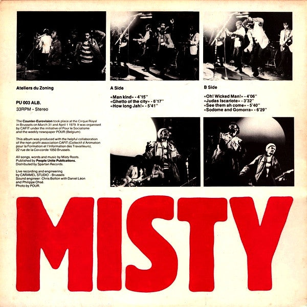 Image of Back Cover of LP - VG/G+ - MISTY IN ROOTS, Live At The Counter Eurovision 79 (People Unite; PU 003 ALB, UK 1979), Wavy sleeve with a few stains. Disc has some storage marks in run ins.,  - 3816035C
