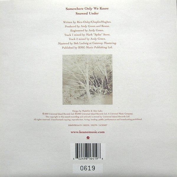 Image of Back Cover of 7" - VG/VG - KEANE, Somewhere Only We Know (Island Records; IS849, UK 2004, Hype Stickered Sleeve, Numbered, Limited Edition), No. 2996. Strong VG throughout, minor shelf wear/foxing to sleeve, light marks. c/w info mailing card.,  - 4316472C