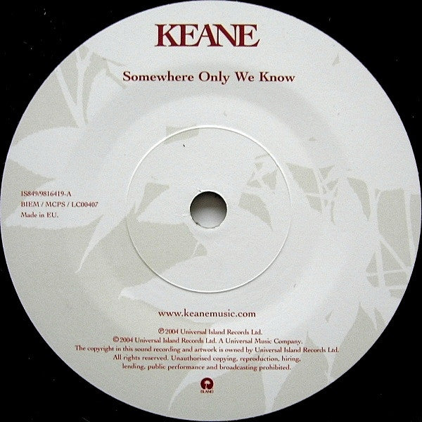 Image of Label Cover of 7" - VG/VG - KEANE, Somewhere Only We Know (Island Records; IS849, UK 2004, Hype Stickered Sleeve, Numbered, Limited Edition), No. 2996. Strong VG throughout, minor shelf wear/foxing to sleeve, light marks. c/w info mailing card.,  - 4316472C