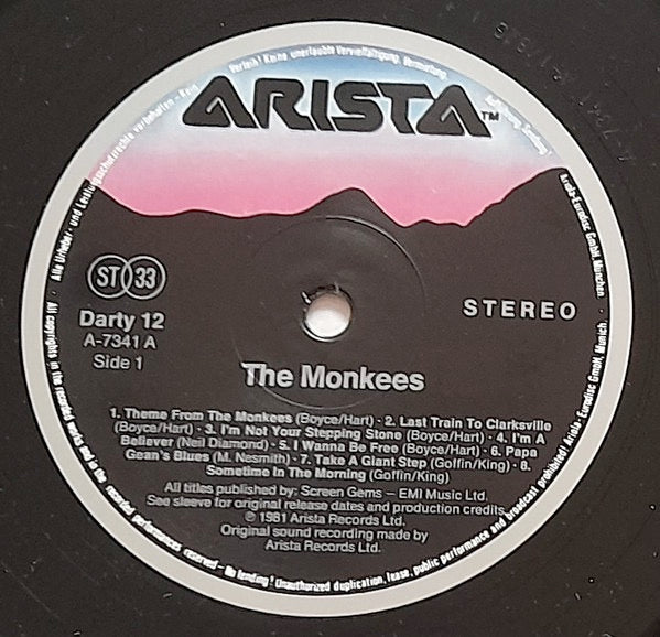 Image of Label Cover of 2xLP - /G+ - THE MONKEES, The Monkees (Arista; DARTY12, UK 1981, Gatefold), Extensive hairlines across both discs. Sticker damage and ghost at top right of sleeve. Liquid marks on sleeve.,  - 2316130C