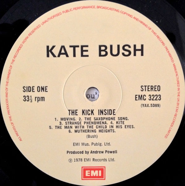 Image of Label Cover of LP - VG/VG+ - KATE BUSH, The Kick Inside (EMI - Black on Yellow, Red EMI Box; EMC 3223, UK 1981 Reissue, No Black Line Border on Front Sleeve), Sticker damage, edge wear,  - 3546029S