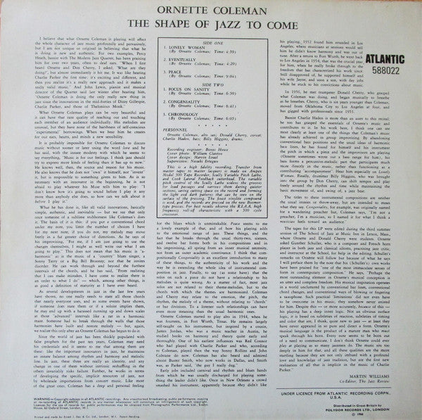 Image of Back Cover of 4725072E: LP - ORNETTE COLEMAN, The Shape Of Jazz To Come (Atlantic Plum & Orange; 588022, UK 1966 Reissue, Laminated Front Sleeve, Original UK Stereo pressing) Sleeve has mild staining, vague ringwear, small creases. Record is glossy - a few pressing bubbles on Side 2.  VG/VG+