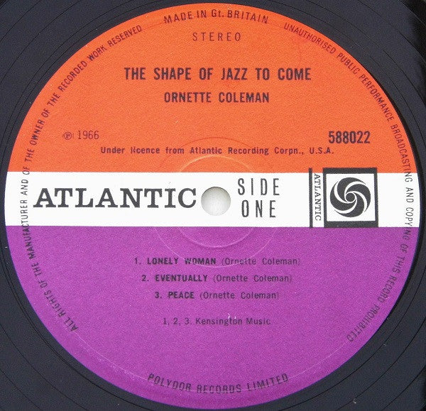 Image of Label Cover of 4725072E: LP - ORNETTE COLEMAN, The Shape Of Jazz To Come (Atlantic Plum & Orange; 588022, UK 1966 Reissue, Laminated Front Sleeve, Original UK Stereo pressing) Sleeve has mild staining, vague ringwear, small creases. Record is glossy - a few pressing bubbles on Side 2.  VG/VG+
