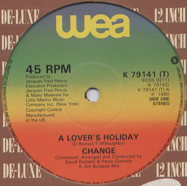 Image of Front Cover of 12" - VG+/VG+ - CHANGE, A Lover's Holiday / The Glow Of Love (WEA; K 79141 (T), UK 1980, Company Sleeve), original company sleeve,  - 4346147S