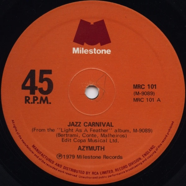 Image of Front Cover of 4414035C: 12" - AZYMUTH, Jazz Carnival / Fly Over The Horizon (Milestone; MRC 101, UK 1979, Plain Sleeve) Light marks but plays fine.  /G+