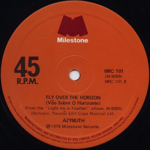 Image of Back Cover of 4414035C: 12" - AZYMUTH, Jazz Carnival / Fly Over The Horizon (Milestone; MRC 101, UK 1979, Plain Sleeve) Light marks but plays fine.  /G+