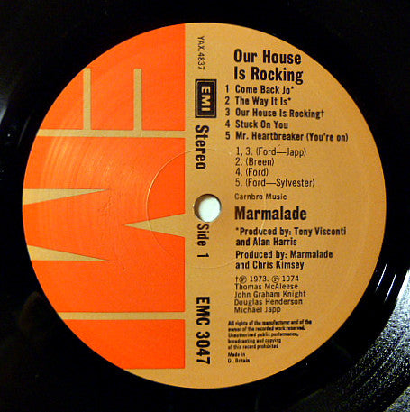 Image of Label Cover of LP - VG+/VG+ - MARMALADE, Our House Is Rocking (EMI; EMC3047, UK 1974), Manufacturer's Property Sticker on Front Sleeve,  - 1726199E