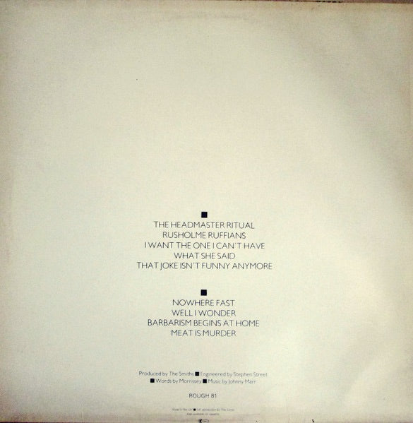 Image of Back Cover of LP - VG+/VG+ - THE SMITHS, Meat is Murder (Rough Trade; ROUGH 81, UK 1985, Inner, MPO Pressing), a few Very feint hairlines,  - 3846222S