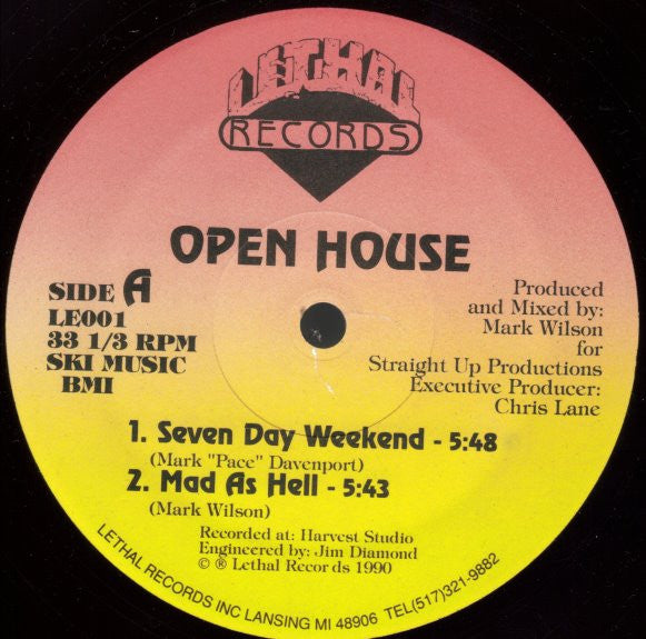 Image of Front Cover of 12" - /G+ - OPEN HOUSE, Seven Day Weekend (Lethal Records; LE001, US 1990), Light marks across each side, heavier on the B. Centre labels bubbled. WOL,  - 3446246S