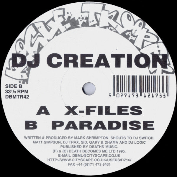 Image of Front Cover of 12" - /VG - DJ CREATION, X-Files / Paradise (Rogue Trooper; DBMTR42, UK 1995, Plain Sleeve), Very strong VG some light hairlines and fogging in runouts on A side.,  - 2416616C