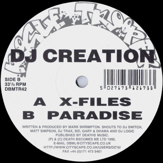 Image of Front Cover of 12" - /VG - DJ CREATION, X-Files / Paradise (Rogue Trooper; DBMTR42, UK 1995, Plain Sleeve), Very strong VG some light hairlines and fogging in runouts on A side.,  - 2416616C