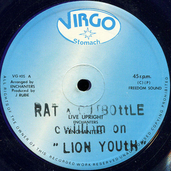 Image of Front Cover of 12" - /G+ - LION YOUTH, Rat A Cut Bottle (Virgo Stomach; VG 104, UK 1978, Plain Sleeve, Blue Vinyl / Misprint, correct titles stamped.), Record shows a lot of surface marks, plays G+/VG,  - 3846079S