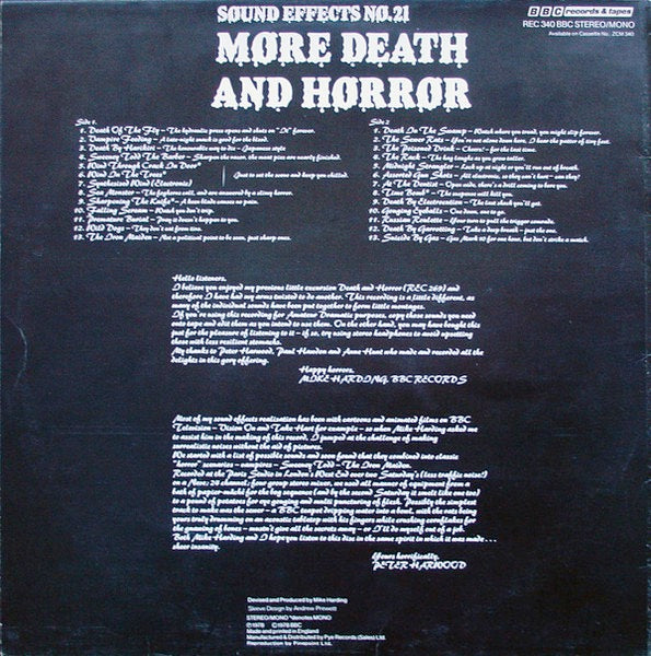 Image of Back Cover of 3514006C: LP - MIKE  HARDING - PETER HARWOOD , More Death And Horror (BBC Records ; REC340, UK 1978, Blood Red Vinyl ) Light ring wear to rear of sleeve  VG/VG+