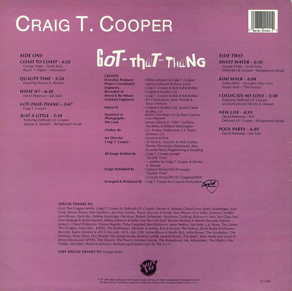 Image of Back Cover of LP - VG/VG+ - CRAIG T.  COOPER, Got-That-Thang (Valley Vue Records; D1-72992, US 1990), Still in opened shrink, minor edgewear to the open side.,  - 4426001E