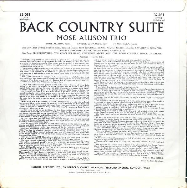 Image of Back Cover of LP - G+/G+ - MOSE ALLISON, Back Country Suite For Piano, Bass And Drums (Esquire; 32-051, UK 1958, Laminated Flipback Sleeve, Company Inner, Mono, Ralph Steadman Album Art), Edge and ring wear. WOS. A couple feelable marks.,  - 1946274S