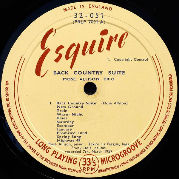 Image of Label Cover of LP - G+/G+ - MOSE ALLISON, Back Country Suite For Piano, Bass And Drums (Esquire; 32-051, UK 1958, Laminated Flipback Sleeve, Company Inner, Mono, Ralph Steadman Album Art), Edge and ring wear. WOS. A couple feelable marks.,  - 1946274S
