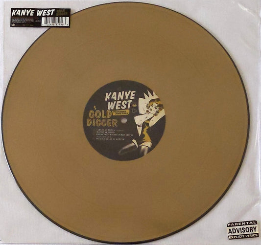 Image of Front Cover of 12" - VG/G+ - KANYE WEST, Gold Digger (Roc-A-Fella Records; 9885696, Europe 2005, Stickered Plastic Sleeve, Gold Vinyl), Lots of light marks and hairlines. Sleeve creased., A1	Gold Digger (Album Version) (Explicit)A2	Gold Digger (Radio Version)B1	Diamonds From Sierra Leone (Remix)B2	We Can Make It Better - 3016058C