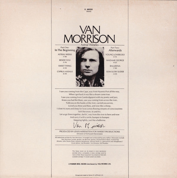 Image of Back Cover of LP - VG/VG - VAN MORRISON, Astral Weeks (WB White With Grey Shields; K46024, UK 1980s Reissue, No Barcode), Edge Wear,  - 4326110E