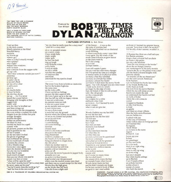 Image of Back Cover of LP - VG+/VG+ - BOB DYLAN, The Times They Are A-Changin' (CBS Orange/Yellow; 62251, UK 1970s Reissue, Made In England At Bottom Of Label), ,  - 3126070E