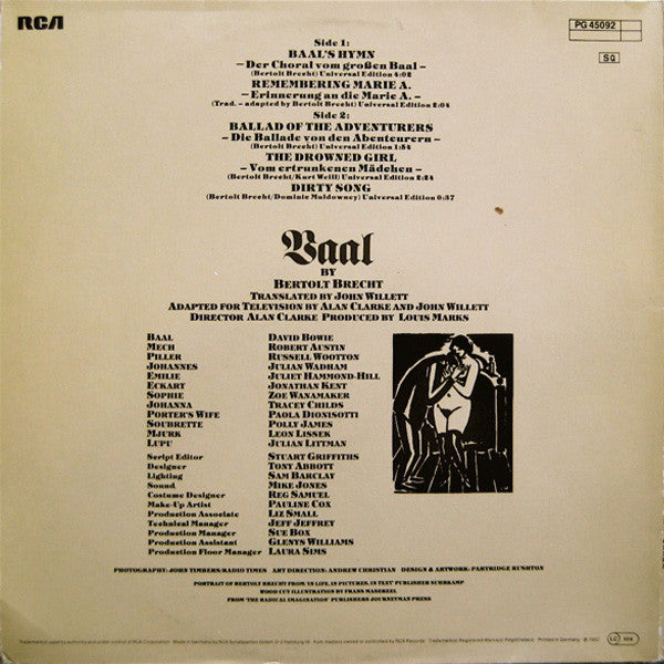 Image of Back Cover of 12" EP - VG/VG - DAVID BOWIE, David Bowie In Bertolt Brecht's Baal (RCA Victor Black Labels; PG 45092, Germany 1982, Gatefold), ,  - 3116085C