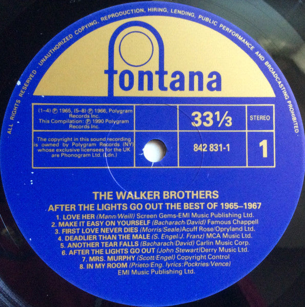 Image of Label Cover of 1424191E: LP - WALKER BROTHERS, After The Lights Go Out - The Best Of 1965-1967 (Fontana; 842 831-1, UK 1990, Flipback Sleeve, Mono)   VG/VG+