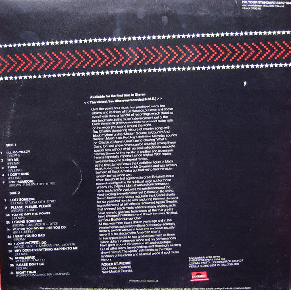 Image of Back Cover of LP - VG/VG+ - JAMES BROWN, James Brown Live At The Apollo Volume 1 (Polydor; 2482 184, UK 1975, Available for the first time in Stereo), ,  - 3926096E