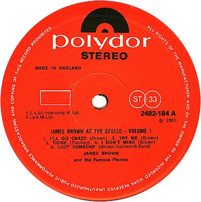 Image of Label Cover of LP - VG/VG+ - JAMES BROWN, James Brown Live At The Apollo Volume 1 (Polydor; 2482 184, UK 1975, Available for the first time in Stereo), ,  - 3926096E