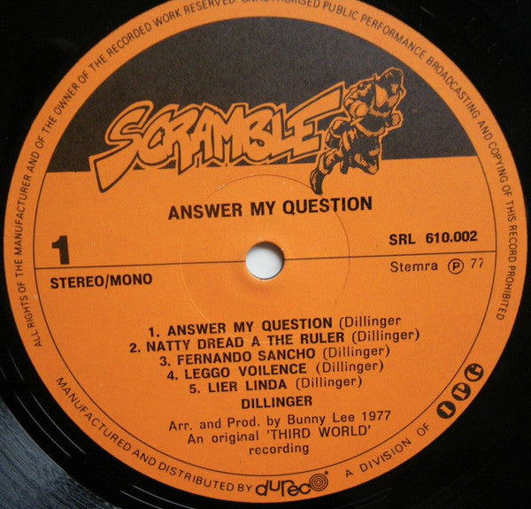 Image of Label Cover of LP - VG/G+ - DILLINGER, Answer My Questions (Scramble; SRL 610.002, Netherlands 1977), Edge and ring wear, corner bump. Disc plays above grade.,  - 3946149S