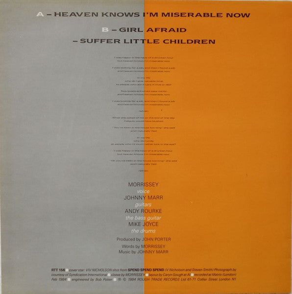 Image of Back Cover of 12" - VG/VG - THE SMITHS, Heaven Knows I'm Miserable Now (Rough Trade; RTT 156, UK 1984, Bob Potter Credit & Recorded At Matrix Sleeve, CBS Pressing), ,  - 3316039C
