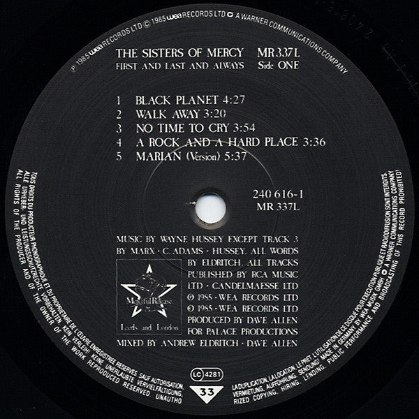 Image of Label Cover of LP - VG/G - THE SISTERS OF MERCY, First And Last And Always (Merciful Release No Rights Box; MR 337L, UK & Europe 1985, Gatefold, No Barcode, Inner), Pinches to all edges of sleeve, Small split to bottom of inner, Disc has hairlines and mottling,  - 0616086C