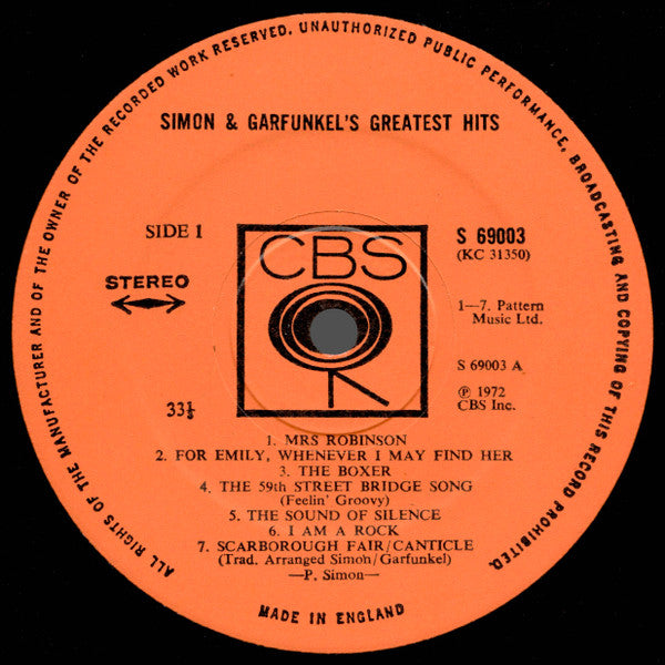 Image of Label Cover of LP - VG/G+ - SIMON AND GARFUNKEL, Simon And Garfunkel's Greatest Hits (CBS Orange (33 1/3 On Label); 69003, UK 1972, Non-Laminated Sleeve), Light marks only, Sticker damage to label and rear sleeve. ,  - 3516089C