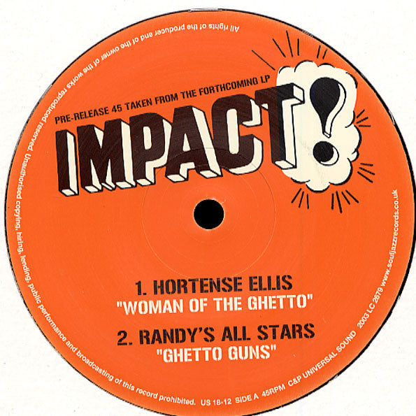 Image of Back Cover of 0925021E: 12" Sampler - HORTENSE ELLIS / RANDY'S ALL STARS / LLOYD PARKS / SKIN, FLESH & BONES, Woman Of The Ghetto / Ghetto Guns / We'll Get Over It / Do It' Til You're Satisfied (Impact; US18-12, UK 2003, Company Sleeve)   VG+/VG