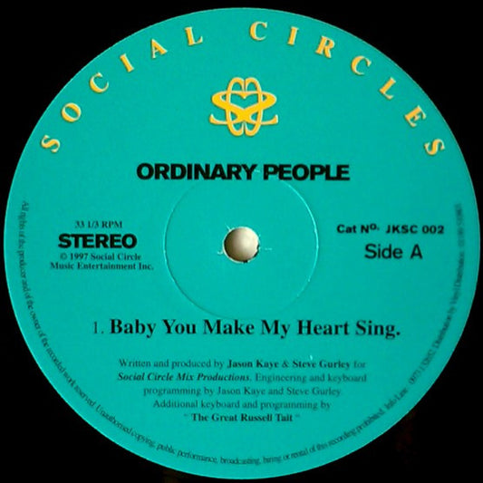 Image of Front Cover of 12" - /G - ORDINARY PEOPLE, Baby You Make My Heart Sing (Social Circles; JKSC 002, UK 1997, Plain Sleeve), lots of marks both sides. plays with surface noise and occasional pop,  - 3746083S