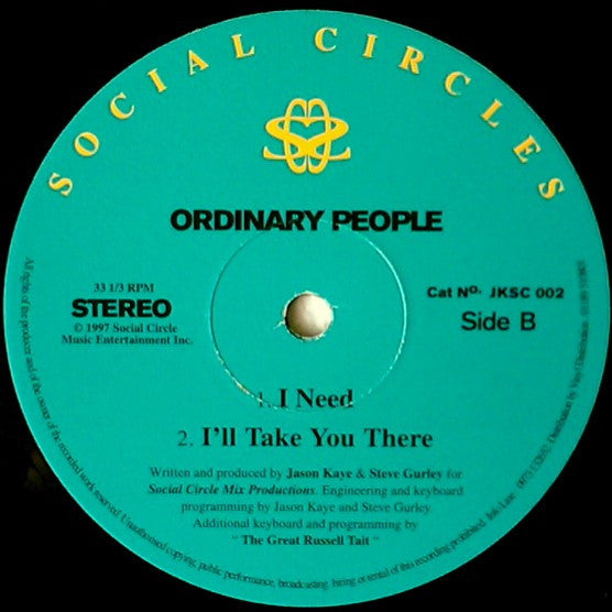 Image of Back Cover of 12" - /G - ORDINARY PEOPLE, Baby You Make My Heart Sing (Social Circles; JKSC 002, UK 1997, Plain Sleeve), lots of marks both sides. plays with surface noise and occasional pop,  - 3746083S