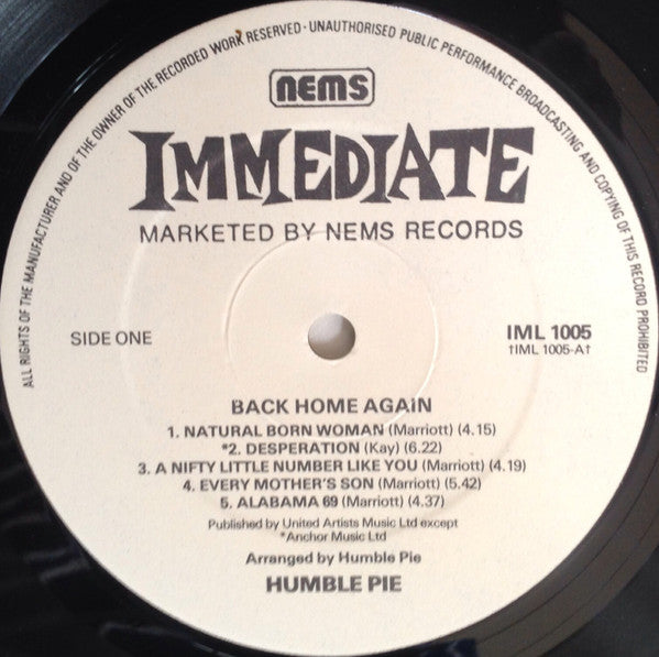 Image of Label Cover of LP - VG+/VG+ - HUMBLE PIE, Back Home Again (Immediate White; IML 1005, UK 1976, Laminated Sleeve), ,  - 0726081E