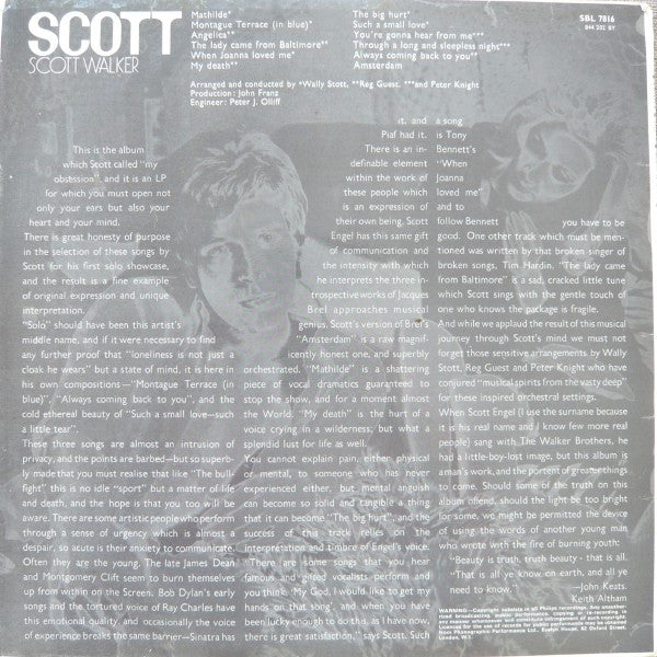 Image of Back Cover of LP - G+/VG - SCOTT WALKER, Scott (Philips; SBL7816, UK 1967, Laminated Sleeve, Stereo), Sleeve a little creased, Nick at spine, Imprint from writing left on sleeve but ink removed, A few light marks to vinyl. ,  - 2816130C