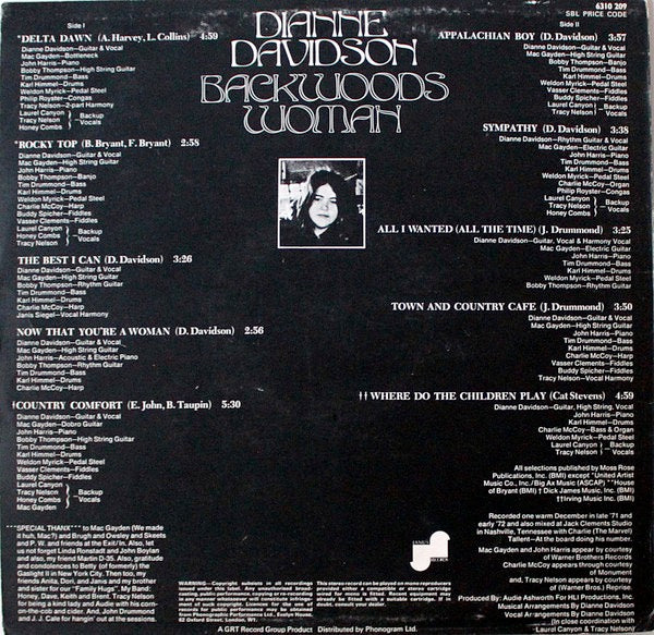 Image of Back Cover of 2514417C: LP - DIANNE DAVIDSON, Backwoods Woman (Janus; 6310209, UK 1972) Minor Ring Wear, Vinyl strong VG+  VG/VG+