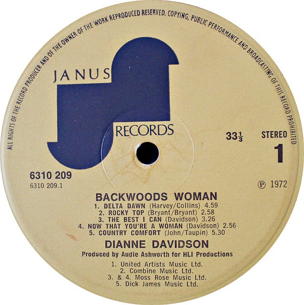 Image of Label Cover of 2514417C: LP - DIANNE DAVIDSON, Backwoods Woman (Janus; 6310209, UK 1972) Minor Ring Wear, Vinyl strong VG+  VG/VG+