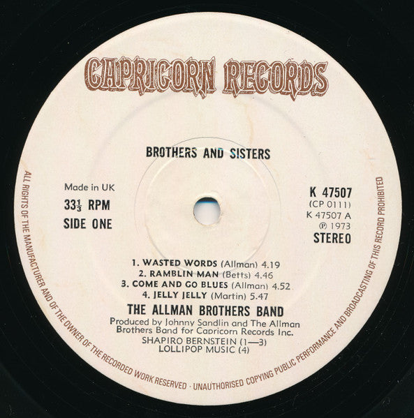 Image of Label Cover of LP - VG+/VG - THE ALLMAN BROTHERS BAND, Brothers And Sisters (Capricorn Records; CP 0111, UK 1973, Gatefold, Missing the insert, This version was released in a USA sleeve (Made in UK on label)), ,  - 2426050E