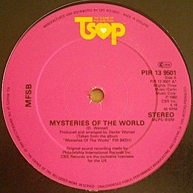 Image of Label Cover of 12" - G+/G+ - MFSB, Mysteries Of The World / Manhattan Skyline (TSOP; PIR 13 9501, UK 1980, Company Sleeve), Sleeve worn, creased, scuffed,  - 2216359C