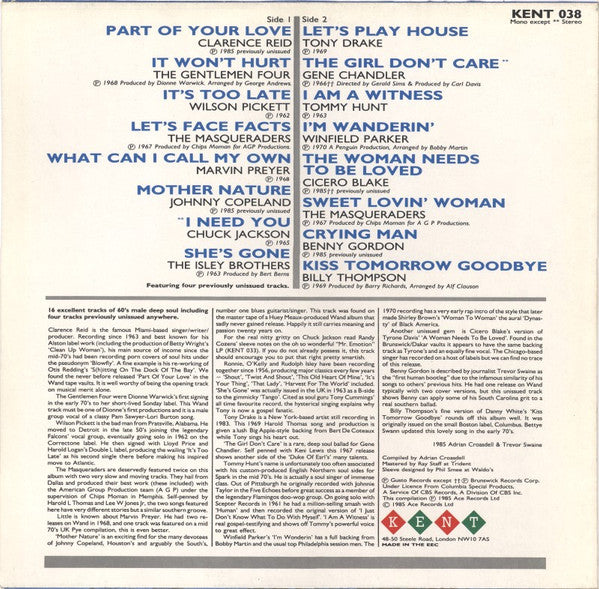 Image of Back Cover of 0526063E: LP - VARIOUS, The Soul Of A Man (Kent records; KENT 038, UK 1985)   VG/VG+