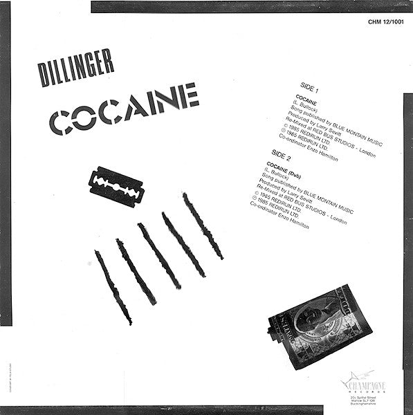 Image of Back Cover of 12" - VG/VG - DILLINGER, Cocaine/Cocaine Dub (champagne ; CHM 12/1001, UK 1985, White Vinyl), ,  - 3126011E