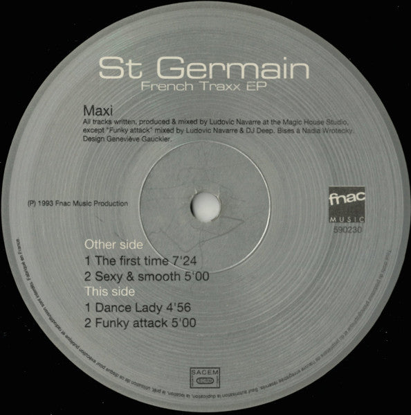 Image of Back Cover of 12" - /G+ - ST GERMAIN , French Traxx EP (Fnac Music; 290230, France 1993, Company Sleeve), A few scuffs that cause some pops and clicks to intro of side B. Plain sleeve., A1	The First Time	A2	Sexy & Smooth	B1	Dance Lady	B2	Funky Attack  - 3326011E