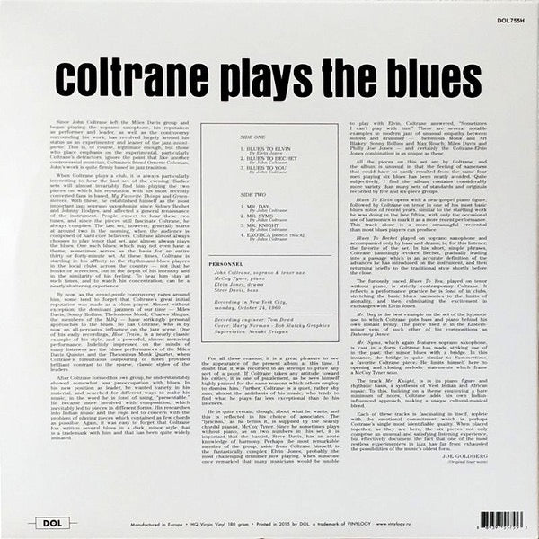 Image of Back Cover of 4834053E: LP - JOHN COLTRANE, Plays the Blues (DOL; DOL755H, Europe 2015 Reissue, 180 Gram Vinyl)   NEW/NEW