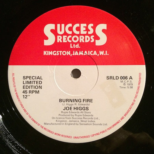 Image of Front Cover of 2015720C: 12" - JOE HIGGS, Burning Fire (Success; SRLD 006, UK 1979, Reggae Disco 45 Sleeve)   VG+/VG