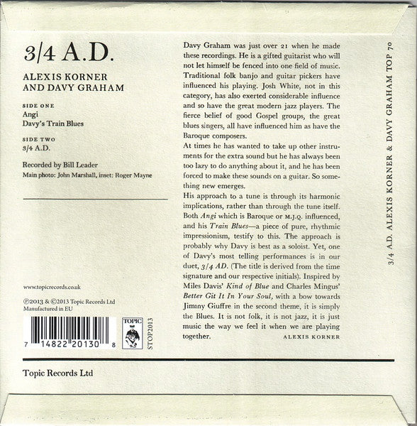 Image of Back Cover of 4524269E: 7" EP - DAVY GRAHAM AND ALEXIS KORNER, 3/4 A.D. (Topic; STOP2013, UK 2013 Reissue, Laminated Flipback Sleeve, Inner) Promo Sticker Over Barcode On Rear Sleeve  EX/EX