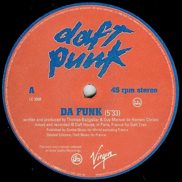 Image of Back Cover of 12" - VG/VG+ - DAFT PUNK, Da Funk / Musique (Virgin; VST 1625, UK 1997, Stickered Plain Sleeve), Promo sticker on barcode. Small seam split.,  - 2526028E