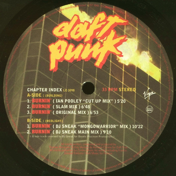 Image of Label Cover of 12" - G+/G - DAFT PUNK, Burnin' (Virgin; VST1649, UK 1997), Lots of light scuffs & hairlines. Sleeve has significant edge & ring wear.,  - 4026247E