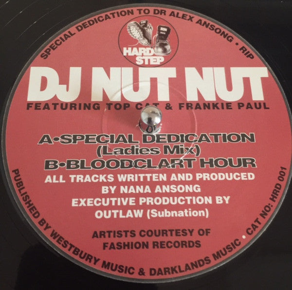 Image of Front Cover of 12" - /G+ - DJ NUT NUT, Special Dedication / Bloodclart Hour (Hard Step Records; HRD 001, UK 1994, Plain Sleeve), Light marks and scuffs + fogging on both sides. Plays with light surface noise, can only be heard at quiet points. ,  - 2516035C