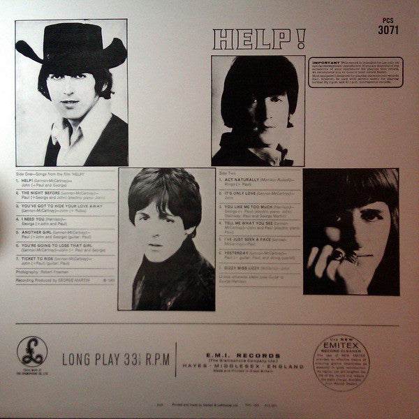 Image of Back Cover of LP - VG+/VG+ - THE BEATLES, Help! (Parlophone Silver/Black - 2 EMI Logos; PCS3071, UK 1980 Reissue, Stereo, All Rights On Rim), Strong VG+,  - 3726137E